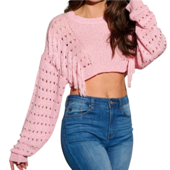 Cropped Sweater Pink Blue Knit Fringe - Picture 4 of 12